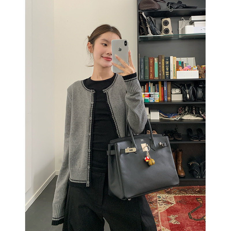EAL山羊绒复古双拼撞色针织开衫女秋冬设计感气质圆领长袖上衣