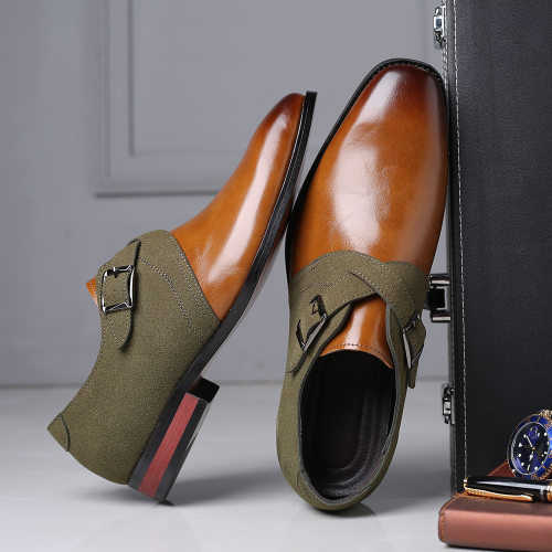 men leather shoes belt buckle loafers man party 拼接男皮鞋