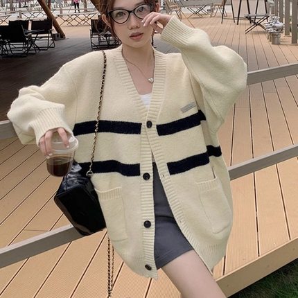 美式条纹毛衣针织衫外套女秋冬季宽松慵懒风情侣撞色针织开衫上衣
