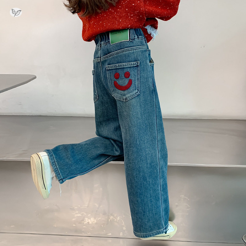 女童2025年冬季新款后袋笑脸刺绣加绒牛仔裤女大童户外保暖阔腿裤，童装裤子，祺儿童装