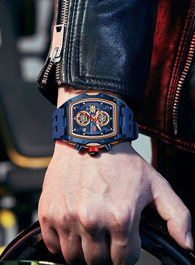 MINIFOCUS新款潮流时尚男士手表赛道运动风酒桶表弧面镜镂空腕表