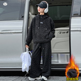 女童加绒加厚豹纹套装2025年秋冬新款中大童连帽卫衣阔腿裤两件套，童装休闲套装，祺儿童装