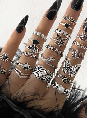 创意复古蝴蝶爱心女式戒指套装21件套几何花朵蛇眼睛多件套关节戒