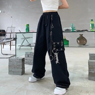 小丁吖 原宿街区辣妹裤子女港风炸街裤黑色休闲哥特风街头嘻哈工