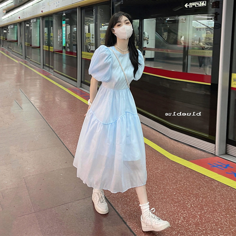 可盐甜美蓝色泡泡连衣裙子女