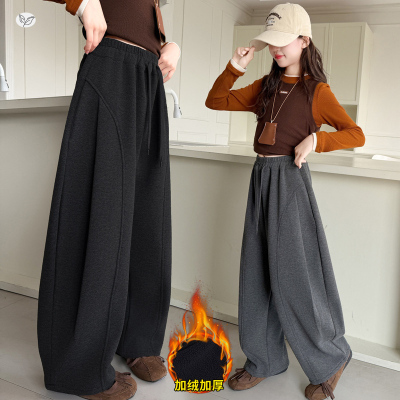 女童加绒糯米裤2025秋冬新款中大童韩系拼接弯刀裤显瘦阔腿裤长裤，童装裤子，祺儿童装