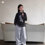 女童加厚套装2025年秋冬新款中大儿童韩系条纹花边上衣卫裤两件套，童装休闲套装，祺儿童装
