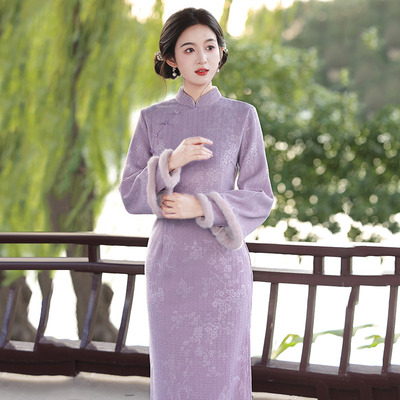 紫色加绒国风苏州长袖改良旗袍冬季厚款女新中式2025新款复古秋冬