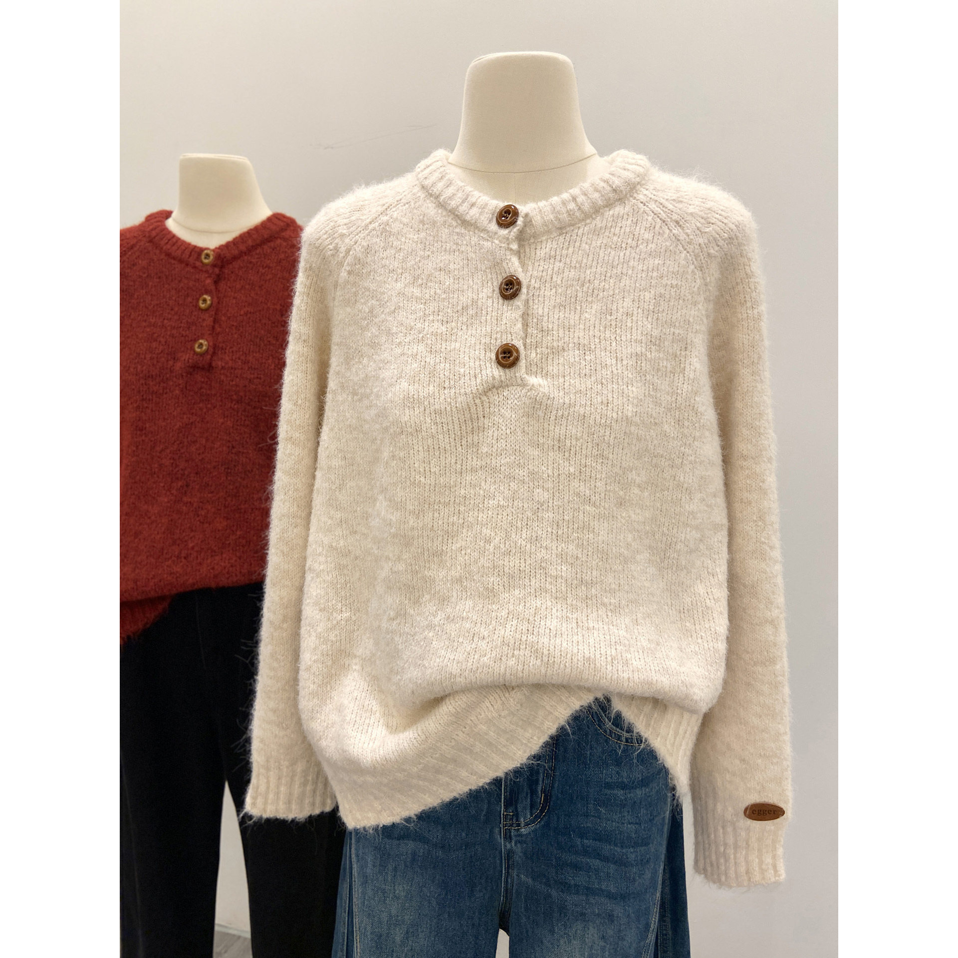 加厚亨利领纽扣长袖女秋冬宽松弛感chic软糯针织毛衣龄内搭上衣,女装/女士精品,毛针织衫,淘宝优惠券,粉丝福利购,淘宝优惠卷