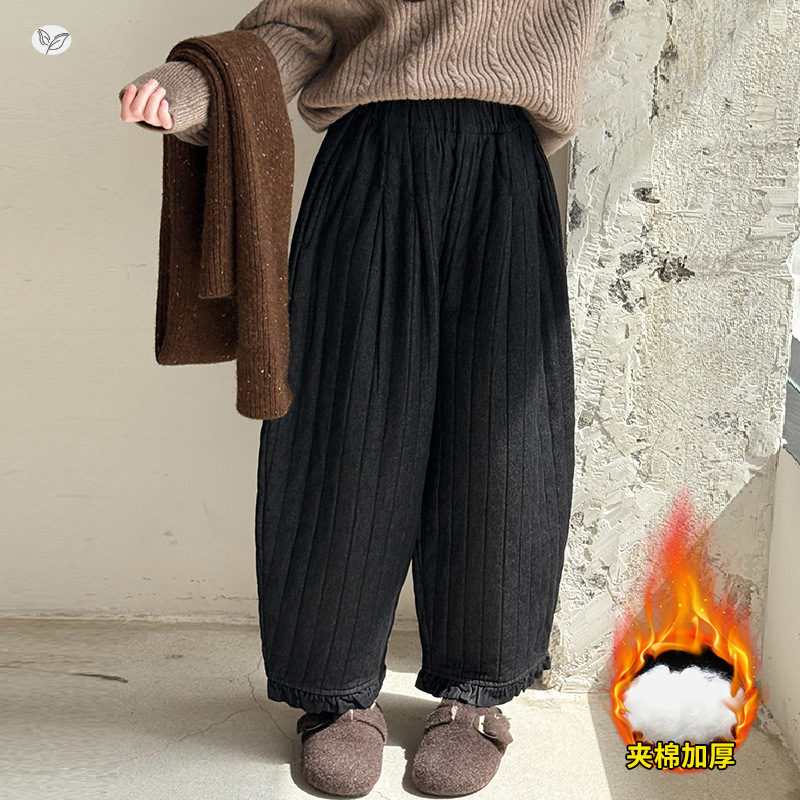 女童2025冬季新款加绒加厚绗线萝卜牛仔棉裤女大童百搭竖纹弯刀裤，童装裤子，祺儿童装