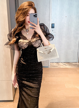 2025夏季新款女法式网纱泡泡袖仙气长裙名媛修身鱼尾连衣裙20348