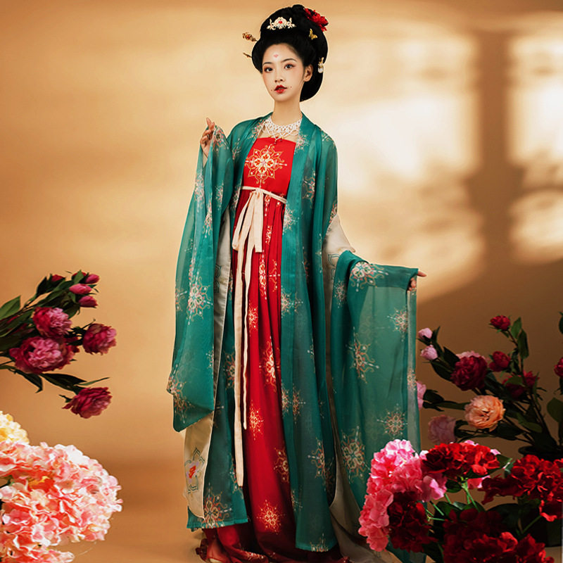 碟仪唐制汉服女夏季仙气唐风诃子裙大袖衫套装古装中国风印花禅意