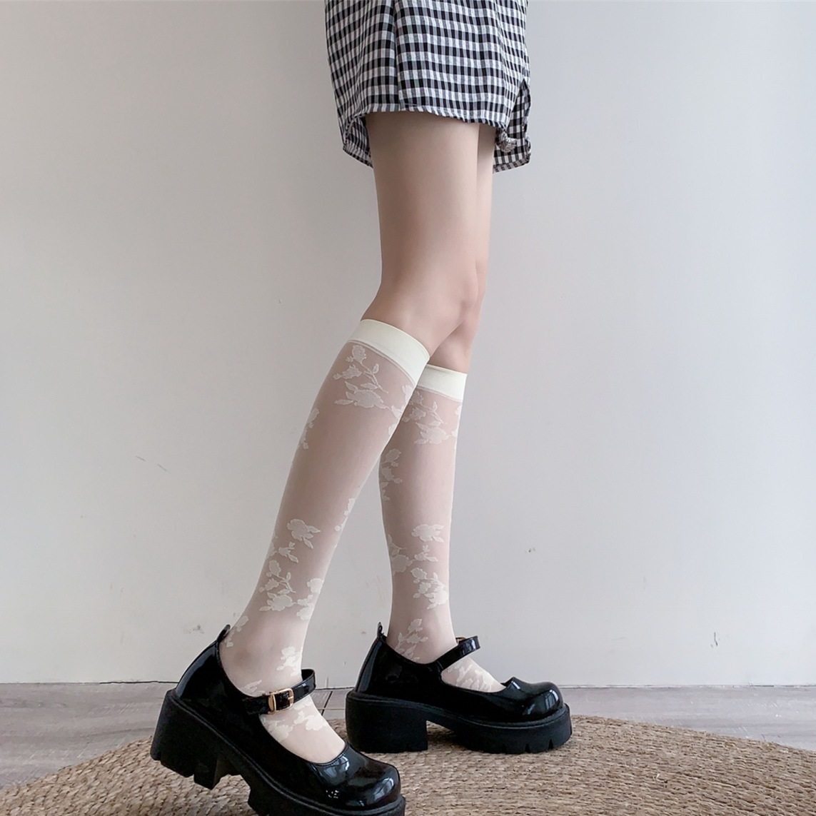 法式少女温柔风仙女美袜白色复古玫瑰花提花防勾丝小腿袜中筒袜女