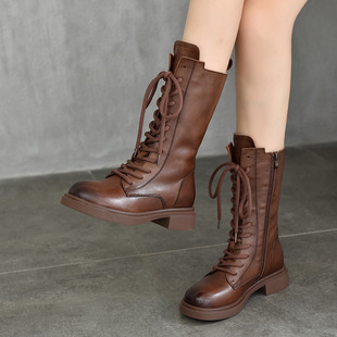 头层牛皮中筒靴女靴2023秋冬新款加绒棉靴中跟英伦风马丁靴真皮靴