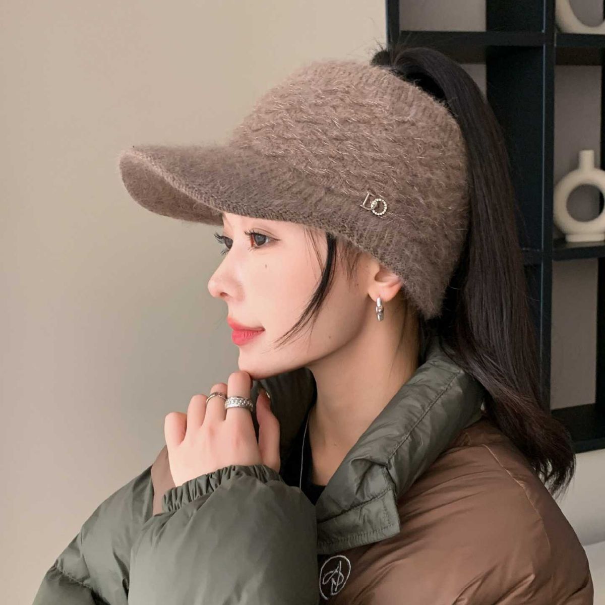 秋冬新款毛线针织空顶帽加厚保暖大帽檐鸭舌帽时尚百搭防风潮款