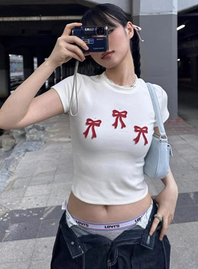 bonnae现H25清仓韩国东大门纯色百搭刺绣蝴蝶结刺绣修身短袖T恤女