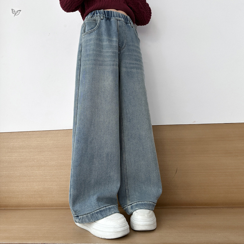 女童2025冬季新款小清新殷桃刺绣牛仔裤女大童加绒加厚个性直筒裤，童装裤子，祺儿童装