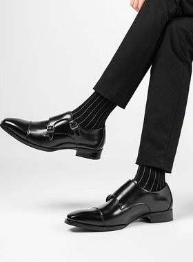 包邮大码男士三接头休闲皮鞋男真皮商务绅士英伦风男正装鞋孟克鞋