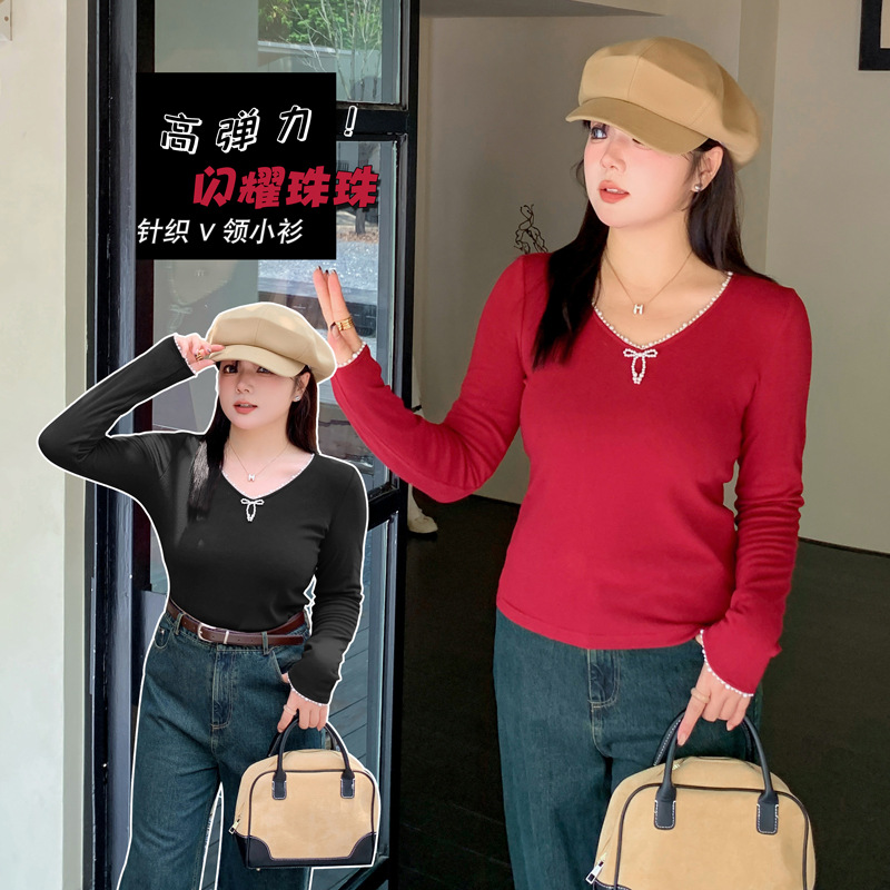 钉珠打底衫弹力珠子蝴蝶结打底衫