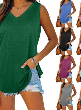 summer women V-neck Sleeveless T-shirt Solid Color Tank Top