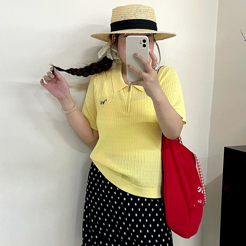 25005大码女装polo领麻花上衣女刺绣针织衫2026夏胖mm休闲短袖t恤