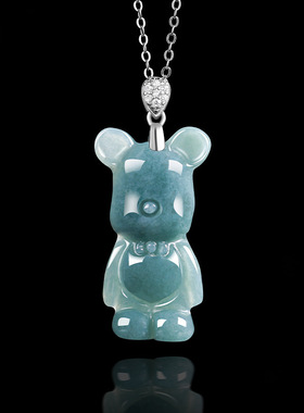 天然A货翡翠玉蓝水卡通小熊吊坠冰种玉石挂件时尚S925银项链坠饰