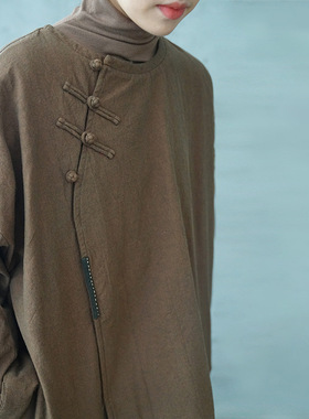 原创新中式斜襟盘扣斜纹短薄款棉衣 复古禅意宽松色织棉袄M21371