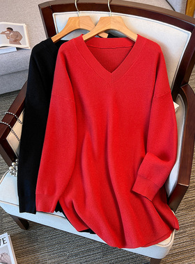 300斤特大码女装秋冬260胖M胸围160本命年红色中长款加厚针织毛衣