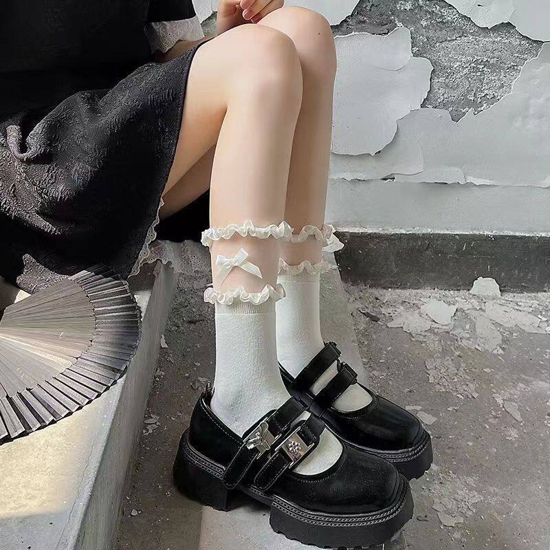 小红书同款黑色花边袜子女生蝴蝶结中筒袜薄款配小皮鞋jk袜洛丽塔