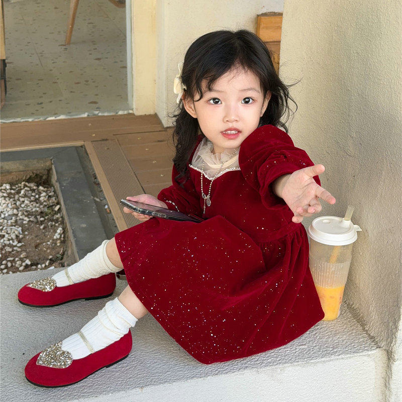 女童裙子闪闪亮密丝绒加绒加厚公主裙连衣裙2025秋冬装新款外贸