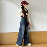 女童2025年冬季新款花朵小爱心牛仔裤女大童喷色美式复古阔腿裤潮，童装裤子，祺儿童装