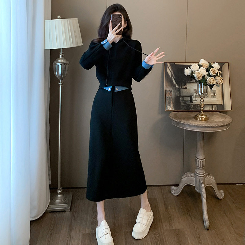春季新款女装气质休闲运动套装女黑色显瘦卫衣半身裙两件套装
