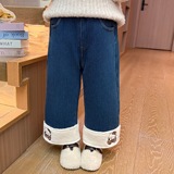 女小童加绒牛仔裤冬季洋气女加厚休闲裤冬装儿童卡通阔腿裤潮P72，童装裤子，祺妙童装