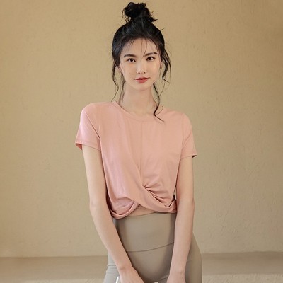 源力 粉色可爱瑜伽服夏季运动短袖女薄款T恤跑步修身性感健身上衣