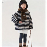 女童加绒外套秋冬2025新款韩版女毛毛衣洋气条纹连帽冬装上衣，童装棉衣，祺儿童装