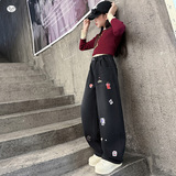 女童2025年冬季新款卡通印花加绒牛仔裤女孩小行星宽松修身阔腿裤，童装裤子，祺儿童装