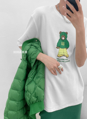白色小熊短袖t恤女夏季设计感小众美式复古百搭半袖宽松休闲上衣