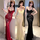 夜总会连衣裙高级感镶钻网纱透视吊带长裙气质修身 夜场技师工作服