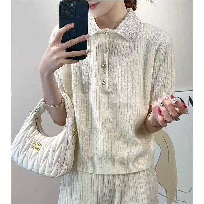 气质名媛钉珠娃娃领短袖早秋女款龄复古麻花针织上衣