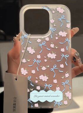 Pink Flower Blue Ribbon Bow Matte Soft Phone Case for iPhone 16 15 Pro 14 Pro 13 11 XR Large Cutout