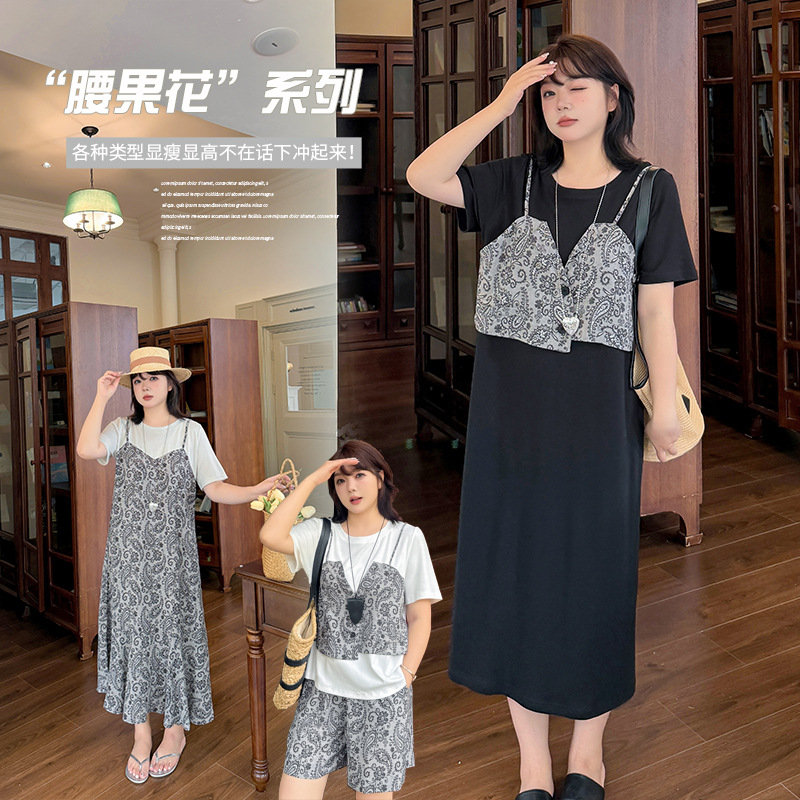 加大码女装腰果花系列假两件连衣裙2025夏新款短袖套装显瘦甜美潮