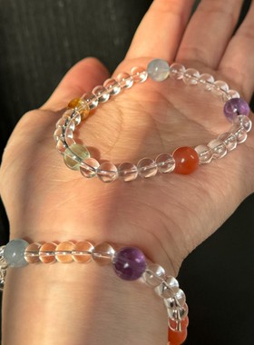 夏季糖果色系水晶百搭叠戴紫水晶海蓝红兔毛ins风手串