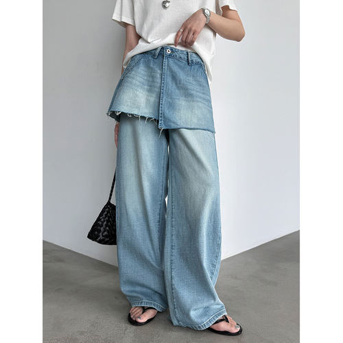 韩系屁帘阔腿裤假两件牛仔裤显瘦