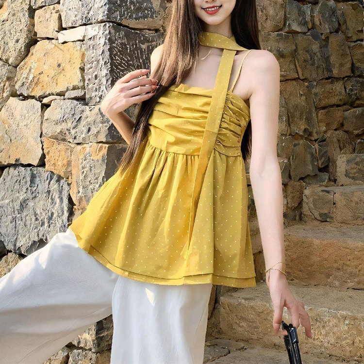 法式黄色背心吊带设计感小众外穿女夏别致独特辣妹无袖上衣蘑菇头