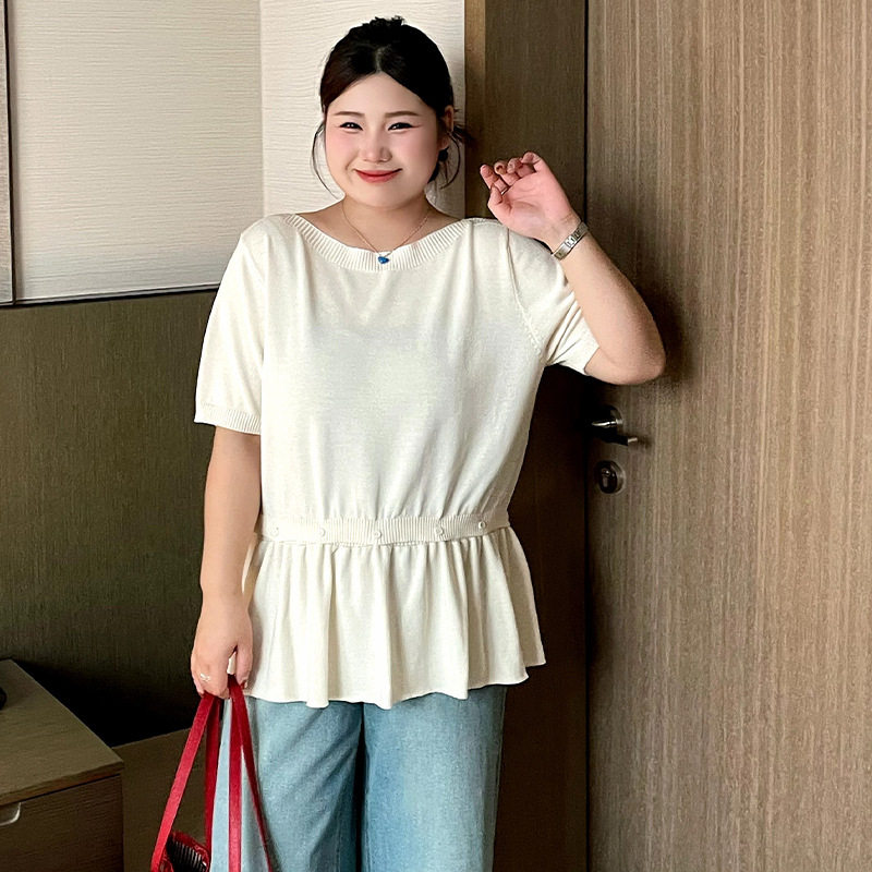 大码女装气质一字领荷叶边短袖T恤女2026夏款胖mm冰丝针织衫23919