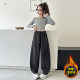 女童秋冬加绒长裤2025年新款腰口撞色卫裤中大童休闲阔腿裤弯刀裤，童装裤子，祺儿童装