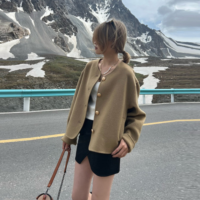 秋冬双面羊绒大衣短款时尚圆领毛呢子外套女小个子纯羊毛大衣