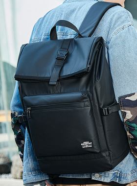 囯潮品牌黑色皮质时尚双肩包潮男通勤电脑包大容量旅行包学生书包