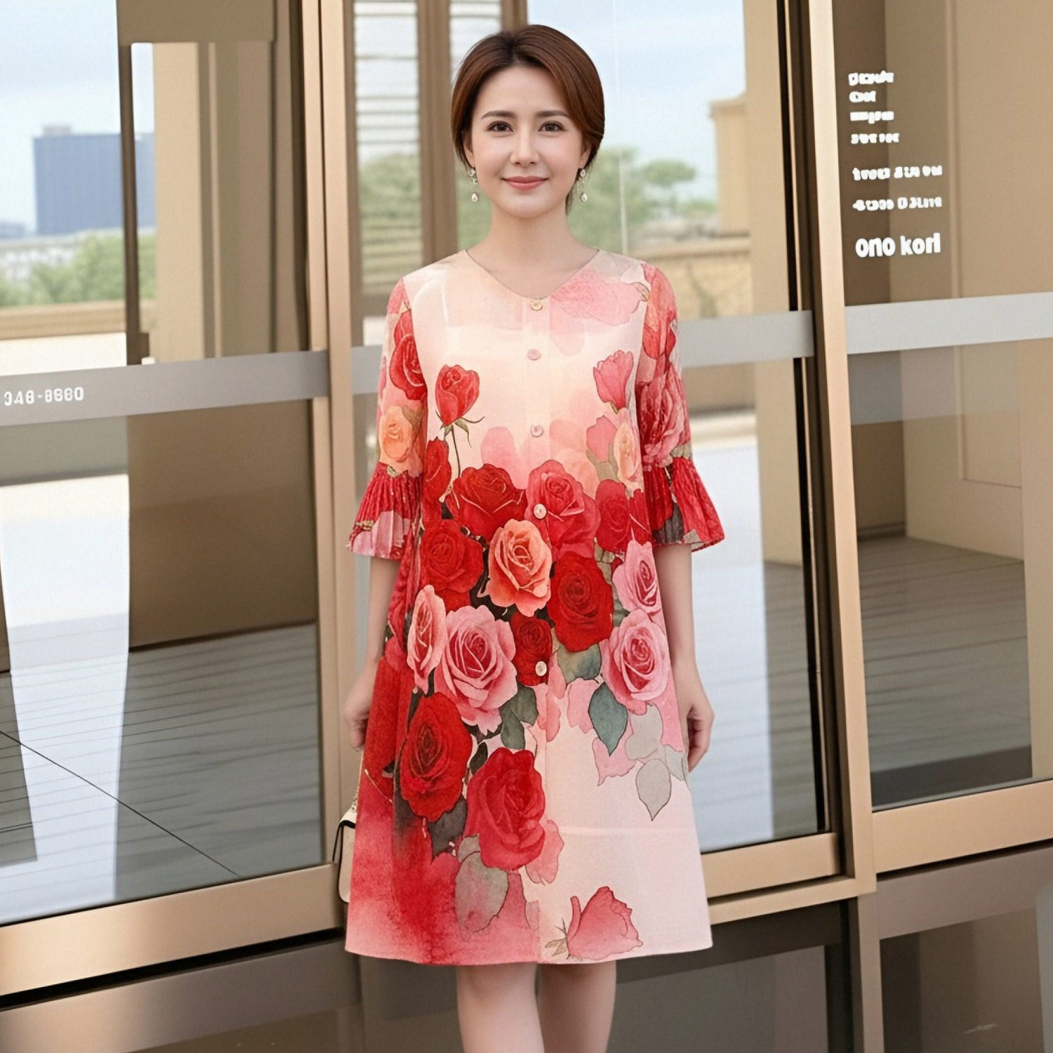 妈妈春装新款宽松遮肉显瘦减龄印花A字裙 中老年洋气新中式连衣裙