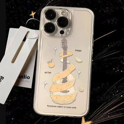 Orange Guitar Cartoon Clear Shockproof Space Case 适用 iPhone 17 16 Pro Max 15 14 11 Precise Cutout